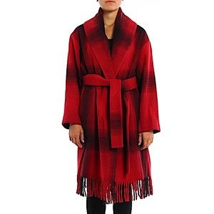 T by Alexander Wang black red plaid wool coat southwestern fringe